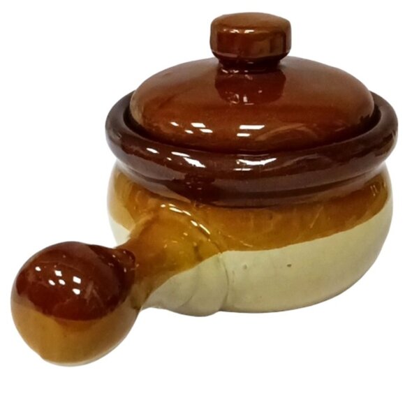 Vintage Tri-Tone Stoneware Lidded French Onion Soup Pots & Handle Set of 2 - Picture 6 of 8